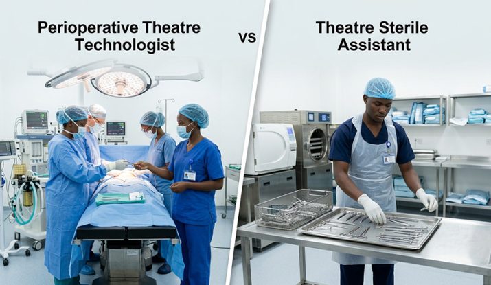 split-scene-healthcare-image-comparing-two-career-paths-in-Kenya.On the left side, a perioperative theatre technologist is shown inside a modern operating theatre and On the right side, a theatre sterile assistant is shown in a sterilization room.-Perioperative-Theatre-Technology-vs-Theatre-Sterile-Assistant-Course-in-Kenya.