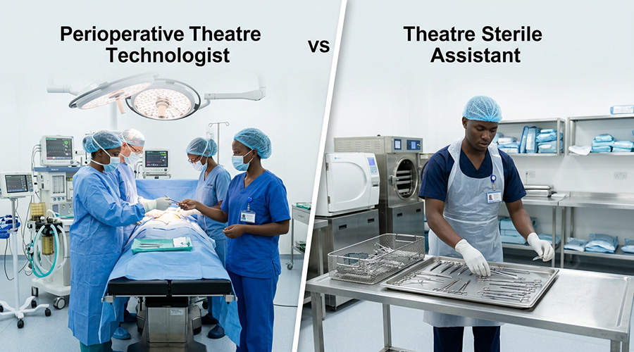 split-scene-healthcare-image-comparing-two-career-paths-in-Kenya.On the left side, a perioperative theatre technologist is shown inside a modern operating theatre and On the right side, a theatre sterile assistant is shown in a sterilization room.-Perioperative-Theatre-Technology-vs-Theatre-Sterile-Assistant-Course-in-Kenya.