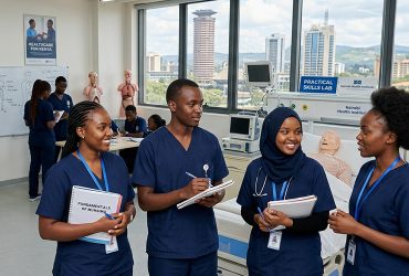 Happy medical students in a classroom during a practical lesson. Affordable Medical Courses in Nairobi