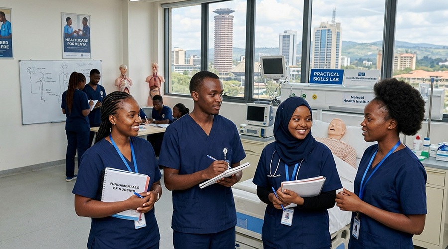 Happy medical students in a classroom during a practical lesson. Affordable Medical Courses in Nairobi
