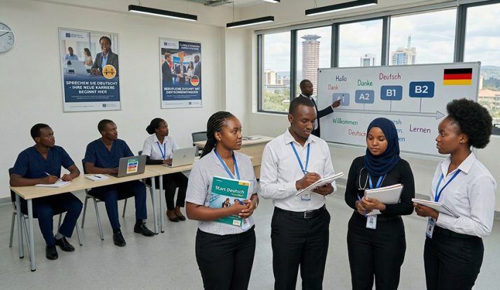 german-language-students-in-a-classroom-an-instructor-demonstrates-the-course-progression-on-a-whiteboard. How Long Does It Take to Learn German in Kenya.