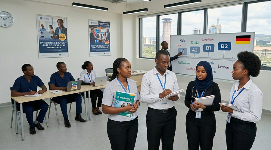 german-language-students-in-a-classroom-an-instructor-demonstrates-the-course-progression-on-a-whiteboard. How Long Does It Take to Learn German in Kenya.