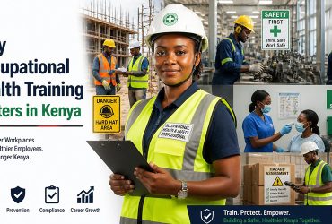 occupation health saftey training in kenya An occupation health safety officer posses for a photo, in the background are worker carrying out tasks in various work places. Why Occupational Health Training Matters in Kenya.