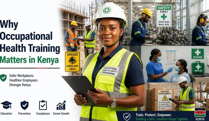 An occupation health safety officer posses for a photo, in the background are worker carrying out tasks in various work places. Why Occupational Health Training Matters in Kenya.