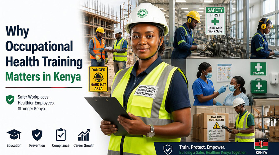 An occupation health safety officer posses for a photo, in the background are worker carrying out tasks in various work places. Why Occupational Health Training Matters in Kenya.