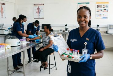 A confident young Kenyan healthcare student wearing clean medical scrubs and gloves stands in a modern clinical laboratory holding a blood collection kit and clipboard. A-confident-young-Kenyan-healthcare-student-wearing-clean-medical-scrubs-and-gloves-stands-in-a-modern-clinical-laboratory-holding-a-blood-collection-kit-and-clipboard. How to become a phlebotomist in Kenya.