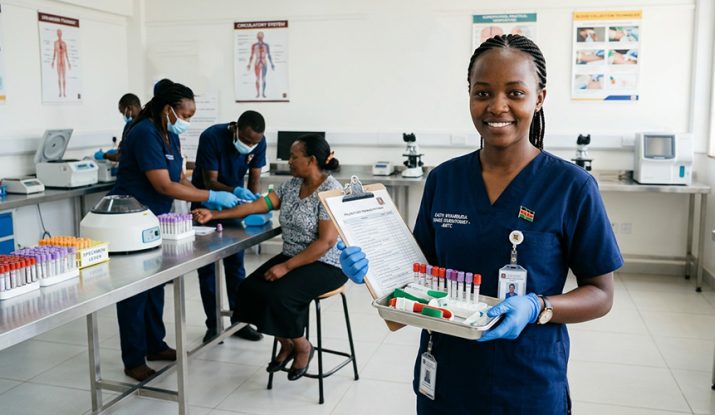 A-confident-young-Kenyan-healthcare-student-wearing-clean-medical-scrubs-and-gloves-stands-in-a-modern-clinical-laboratory-holding-a-blood-collection-kit-and-clipboard. How to become a phlebotomist in Kenya.