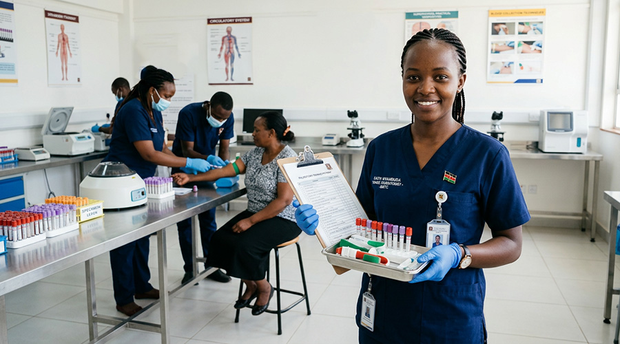 A-confident-young-Kenyan-healthcare-student-wearing-clean-medical-scrubs-and-gloves-stands-in-a-modern-clinical-laboratory-holding-a-blood-collection-kit-and-clipboard. How to become a phlebotomist in Kenya.