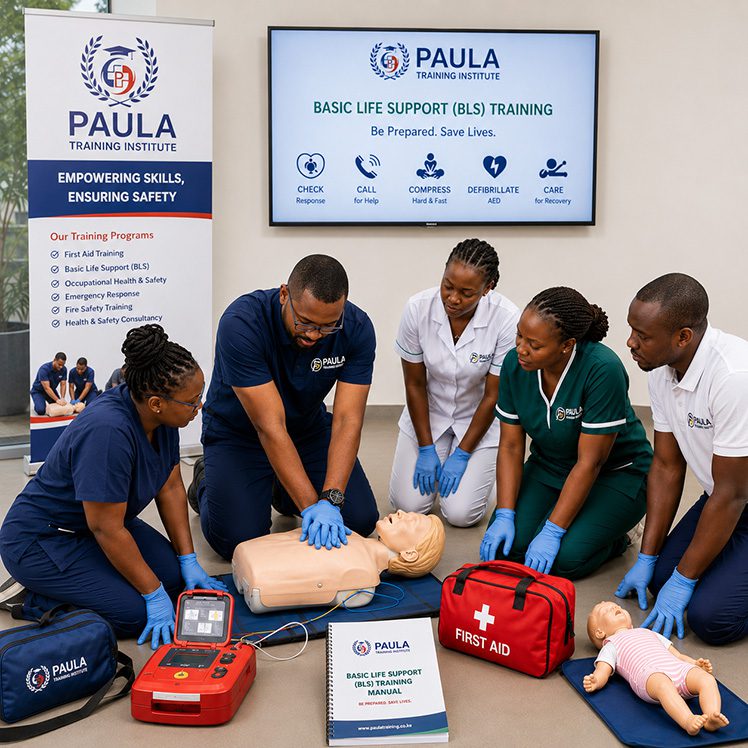 A trainer demonstrating how to perform CPR to a patient. Basic life support training. Paula training institute.