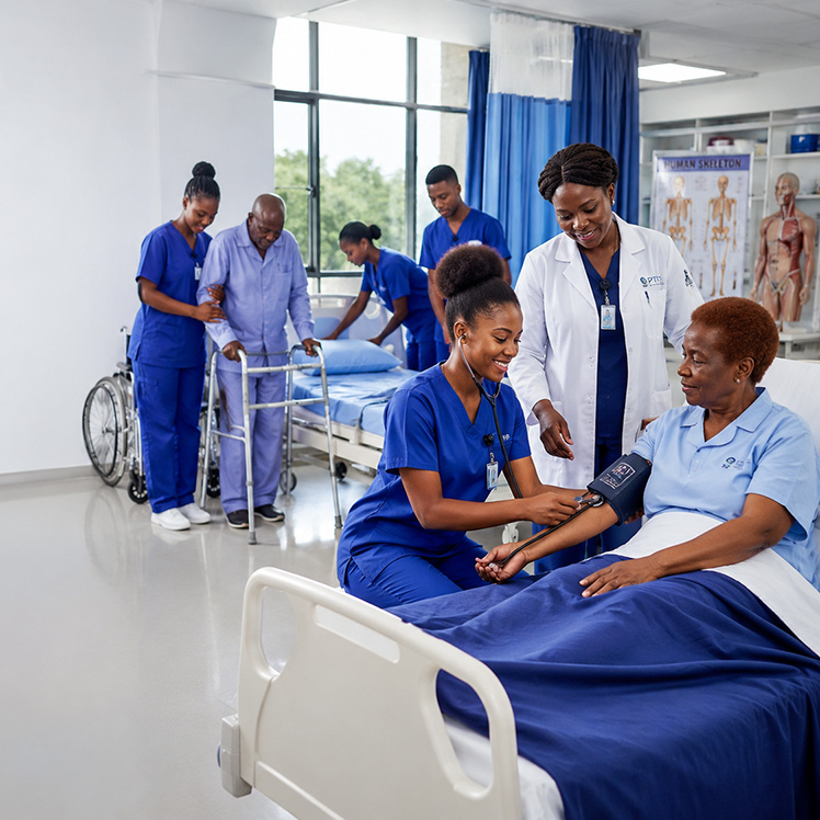 HSS student assisting patient in a modern hospital. Health support services course-Paula Training Institute.