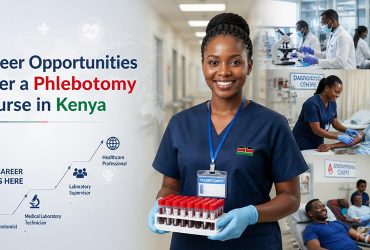a confident young Kenyan phlebotomist wearing clean medical scrubs, gloves, and a professional ID badge stands in a modern hospital corridor holding a blood collection tray with neatly arranged specimen tubes. Career Opportunities After a Phlebotomy Course in Kenya.