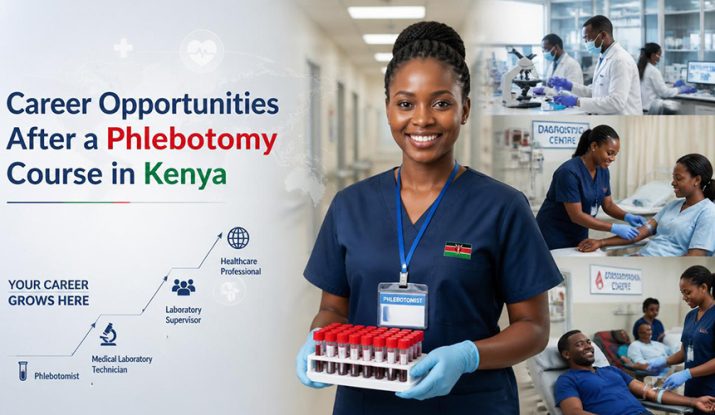 a confident young Kenyan phlebotomist wearing clean medical scrubs, gloves, and a professional ID badge stands in a modern hospital corridor holding a blood collection tray with neatly arranged specimen tubes. Career Opportunities After a Phlebotomy Course in Kenya.