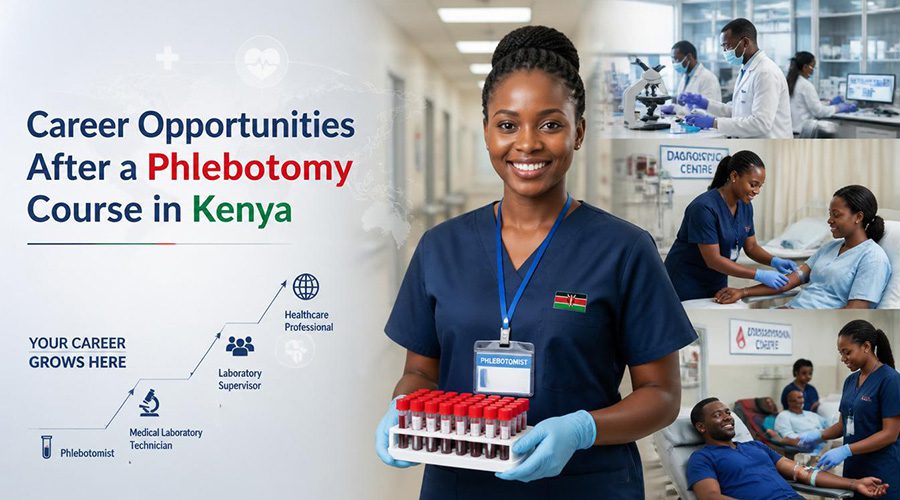 a confident young Kenyan phlebotomist wearing clean medical scrubs, gloves, and a professional ID badge stands in a modern hospital corridor holding a blood collection tray with neatly arranged specimen tubes. Career Opportunities After a Phlebotomy Course in Kenya.
