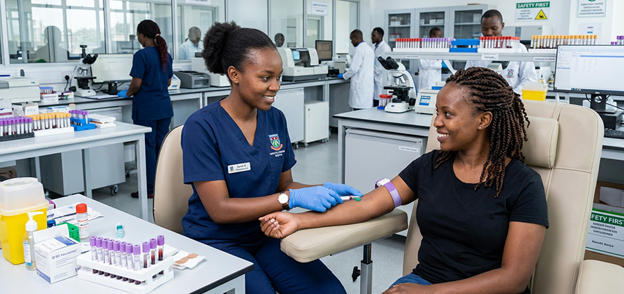 a phlebotomist drawing blood from a patient in kenya. phlebotomy course in kenya.