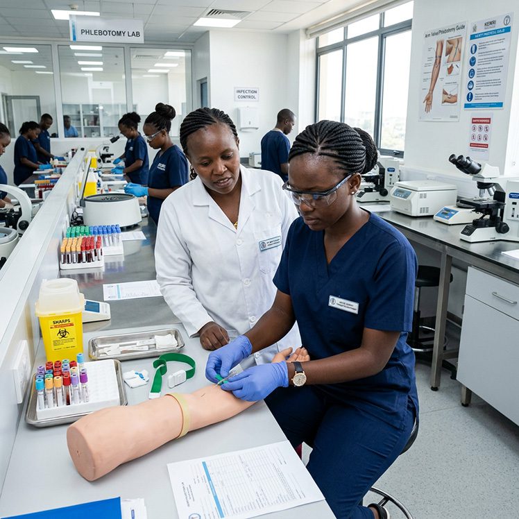 a confident young Kenyan healthcare trainee wearing clean medical scrubs, gloves, and an identification badge is carefully performing a blood draw procedure on a dummy patient under supervision. phlebotomy course paula training institute