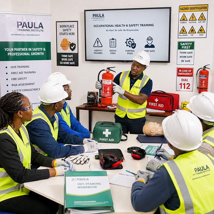 A trainer demonstrating on how to use a fire extinguisher and various safety apparatus during a training session. Paula Training Institute.