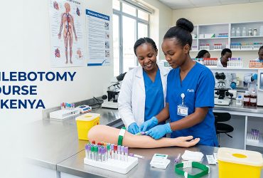 phlebotomy course in kenya a photo of a phlebotomy student drawing blood from a dummy patient under supervision in a laboratory during a practical session. Phlebotomy course in kenya.