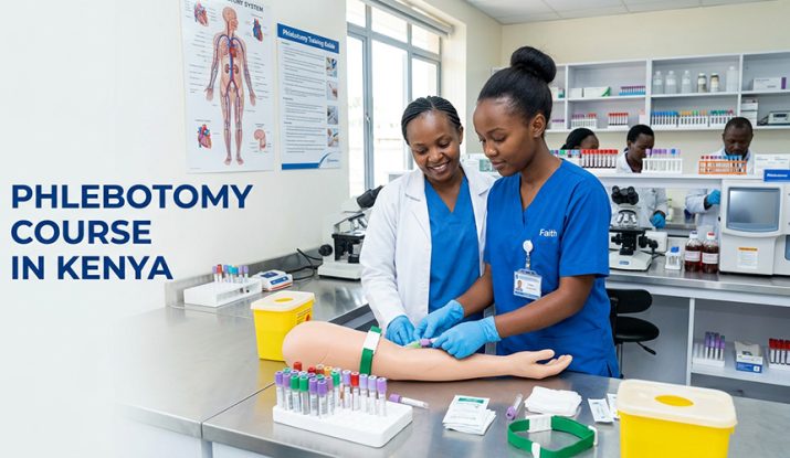 a photo of a phlebotomy student drawing blood from a dummy patient under supervision in a laboratory during a practical session. Phlebotomy course in kenya.
