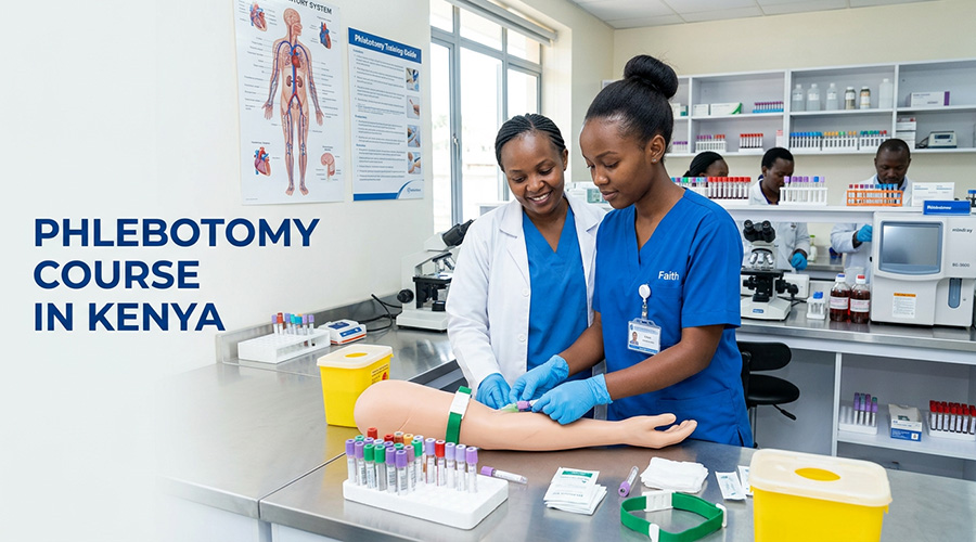 a photo of a phlebotomy student drawing blood from a dummy patient under supervision in a laboratory during a practical session. Phlebotomy course in kenya.