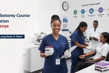 a confident young Kenyan phlebotomy student wearing clean medical scrubs and gloves stands inside a modern clinical laboratory, holding a blood collection kit and clipboard. Phlebotomy Course Duration in Kenya.