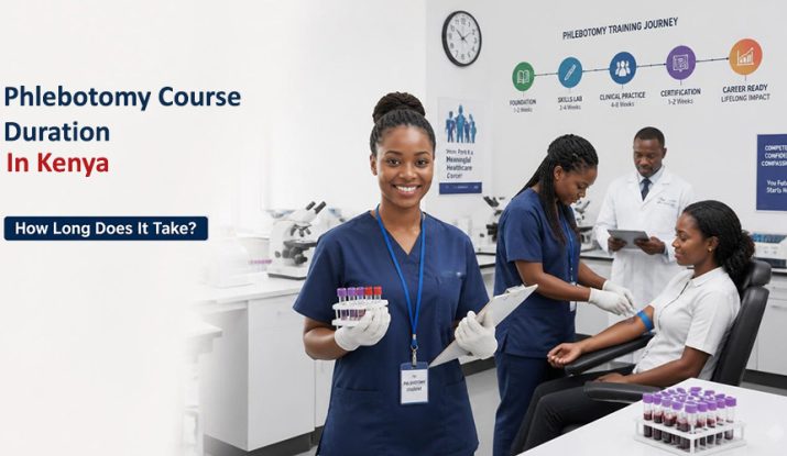 a confident young Kenyan phlebotomy student wearing clean medical scrubs and gloves stands inside a modern clinical laboratory, holding a blood collection kit and clipboard. Phlebotomy Course Duration in Kenya.
