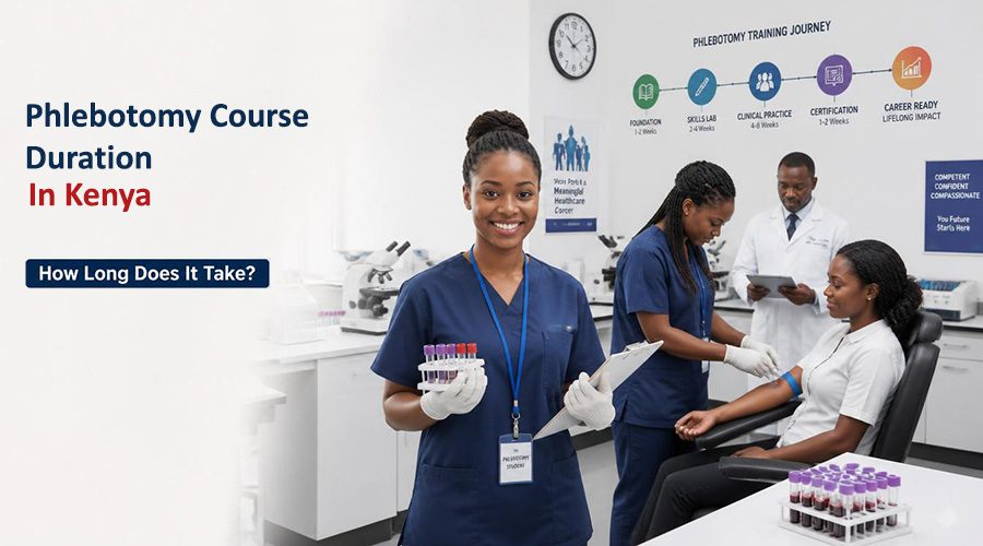 a confident young Kenyan phlebotomy student wearing clean medical scrubs and gloves stands inside a modern clinical laboratory, holding a blood collection kit and clipboard. Phlebotomy Course Duration in Kenya.