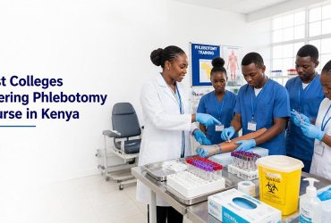 a-confident-African-healthcare-instructor-is-demonstrating-proper-venipuncture-techniques-to-a-group-of-attentive-Kenyan-students-wearing-clean-blue-and-white-medical-scrubs. Best colleges offering Phlebotomy course in Kenya.