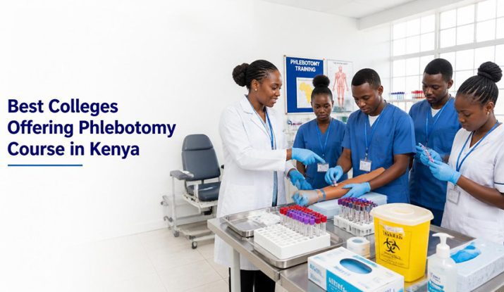 a-confident-African-healthcare-instructor-is-demonstrating-proper-venipuncture-techniques-to-a-group-of-attentive-Kenyan-students-wearing-clean-blue-and-white-medical-scrubs. Best colleges offering Phlebotomy course in Kenya.