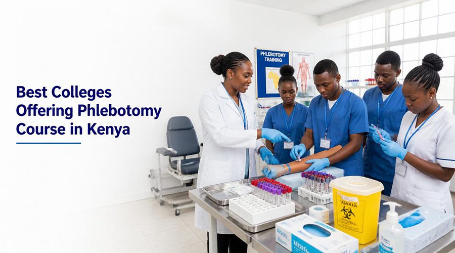 a-confident-African-healthcare-instructor-is-demonstrating-proper-venipuncture-techniques-to-a-group-of-attentive-Kenyan-students-wearing-clean-blue-and-white-medical-scrubs. Best colleges offering Phlebotomy course in Kenya.