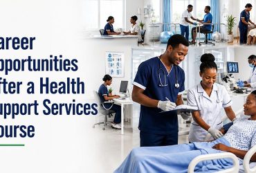 a-confident-Kenyan-healthcare-support-service-professional-in-clean-navy-blue-and-white-medical-scrubs-is-assisting-a-nurse-while-taking-medical-records. Career Opportunities After a Health Support Services Course.