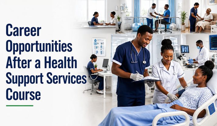 a-confident-Kenyan-healthcare-support-service-professional-in-clean-navy-blue-and-white-medical-scrubs-is-assisting-a-nurse-while-taking-medical-records. Career Opportunities After a Health Support Services Course.
