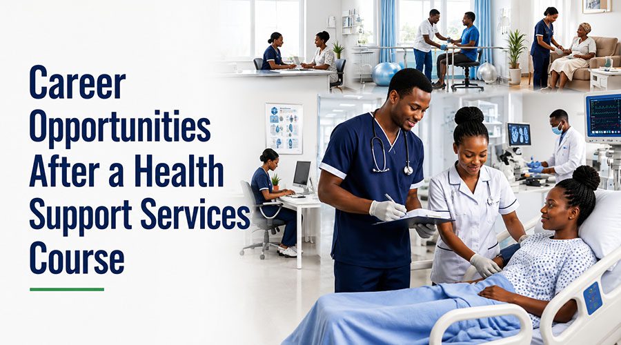 a-confident-Kenyan-healthcare-support-service-professional-in-clean-navy-blue-and-white-medical-scrubs-is-assisting-a-nurse-while-taking-medical-records. Career Opportunities After a Health Support Services Course.