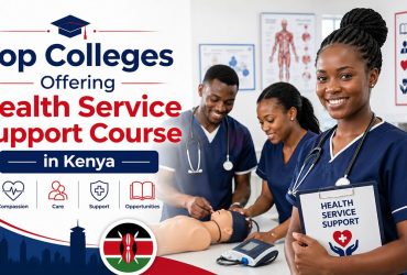a-confident-health-service-support-student-holding-a-clip-board-in-the-foreground-with-a-group-of-others-practicing-on-a-mannequin-in-the-background. Best Colleges Offering Health Support Services Course in Kenya.