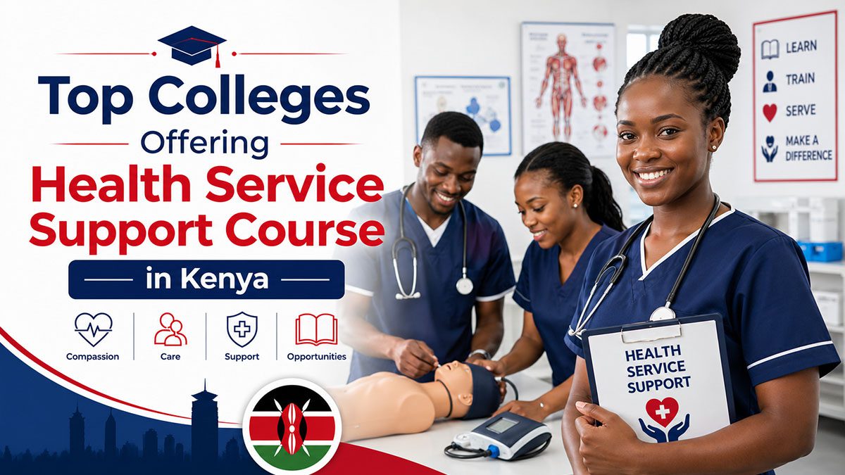 a-confident-health-service-support-student-holding-a-clip-board-in-the-foreground-with-a-group-of-others-practicing-on-a-mannequin-in-the-background. Best Colleges Offering Health Support Services Course in Kenya.
