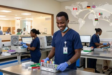 a confident young kenyan phlebotomist with blood samples in a laboratory. Phlebotomy salary in kenya and abroad.