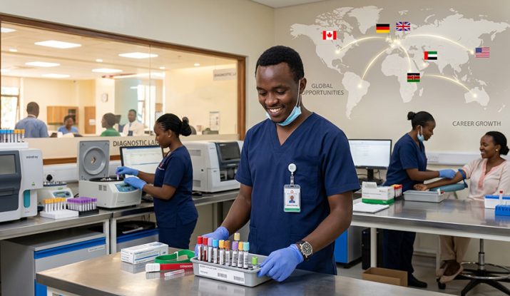 a confident young kenyan phlebotomist with blood samples in a laboratory. Phlebotomy salary in kenya and abroad.