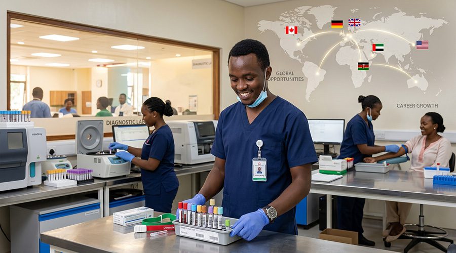 a confident young kenyan phlebotomist with blood samples in a laboratory. Phlebotomy salary in kenya and abroad.