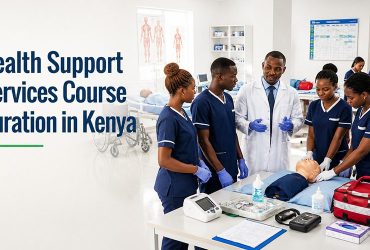 a diverse group of Kenyan students is engaged in different stages of practical training under the supervision of an experienced African healthcare instructor. PTI a-diverse-group-of-Kenyan-students-is-engaged-in-different-stages-of-practical-training-under-the-supervision-of-an-experienced-African-healthcare-instructor.Health Support Services Course Duration in Kenya-PTI.