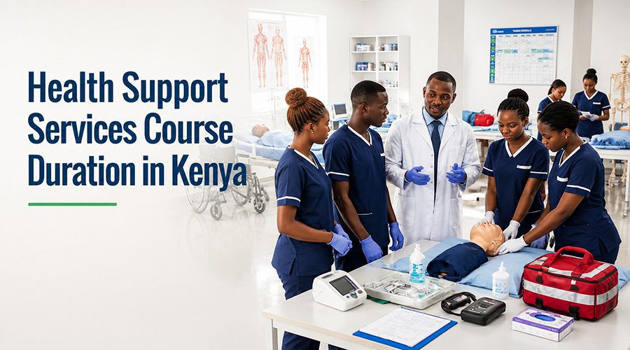 a-diverse-group-of-Kenyan-students-is-engaged-in-different-stages-of-practical-training-under-the-supervision-of-an-experienced-African-healthcare-instructor.Health Support Services Course Duration in Kenya-PTI.