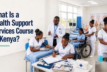 a group of enthusiastic Kenyan students participating in practical healthcare support training inside a modern medical skills laboratory. Health support services course. a-group-of-enthusiastic-Kenyan-students-participating-in-practical-healthcare-support-training-inside-a-modern-medical-skills-laboratory. What Is a Health Support Services Course in Kenya?