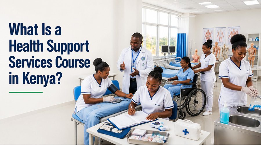 a-group-of-enthusiastic-Kenyan-students-participating-in-practical-healthcare-support-training-inside-a-modern-medical-skills-laboratory. What Is a Health Support Services Course in Kenya?