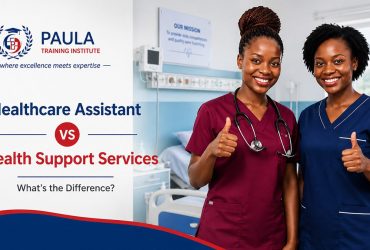 Two-smiling-kenyan-female-nurses-gesturing-thumbs-up-in-hospital-room-in-different-uniforms. Healthcare Assistant vs Health Support Services.
