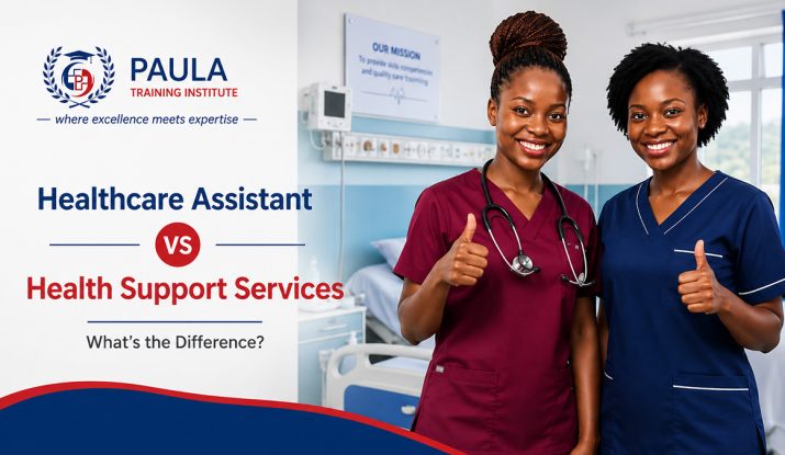 Two-smiling-kenyan-female-nurses-gesturing-thumbs-up-in-hospital-room-in-different-uniforms. Healthcare Assistant vs Health Support Services.