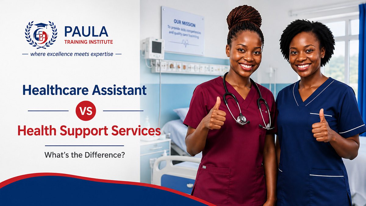 Two-smiling-kenyan-female-nurses-gesturing-thumbs-up-in-hospital-room-in-different-uniforms. Healthcare Assistant vs Health Support Services.