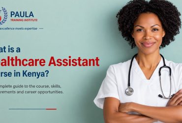 confident healthcare assistant with stethoscope, smiling against green background. confident-healthcare-assistant-with-stethoscope-smiling-against-green-background.What is a Healthcare Assistant Course in Kenya.