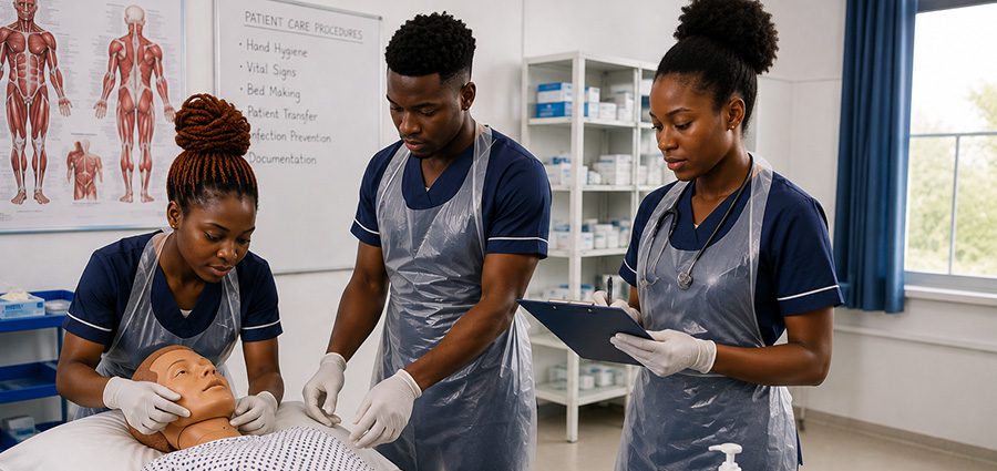 healthcare-assistant-student-practicing-patient-care-on-a-mannequin-during-a-practical-session-on-patient-care. What is a Healthcare Assistant Course in Kenya.
