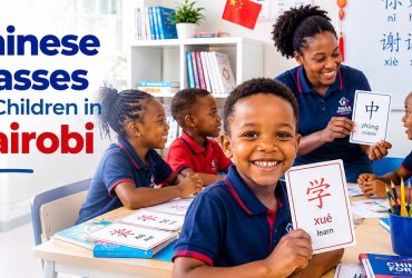 Chinese Classes for Children in Nairobi African tutor teaching Chinese to children in a classroom in Nairobi.