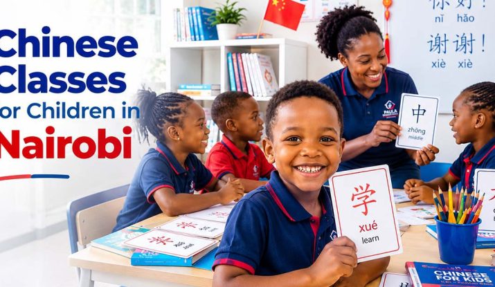 African tutor teaching Chinese to children in a classroom in Nairobi.
