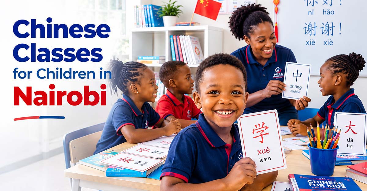 African tutor teaching Chinese to children in a classroom in Nairobi.