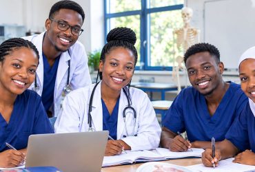 A diverse group of medical students studying at the library. Best Certificate Medical Courses in Kenya. paula training institute.